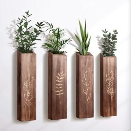 4 Pack Wood Indoor Wall Planter, Modern Boho Wall Decor for Living Room Bedroom, Farmhouse Pocket Wall Vases for Dried Flowers and Faux Greenery Plants - Brown