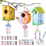 JMMICO 3 Pack Bird Houses Kits for Kids, Wooden Painting Arts and Crafts for Kids Ages 8-12, Build & Paint Your Own Bird Houses and Wind Chime Kits for Outside Summer, DIY Gifts for Girls Boys