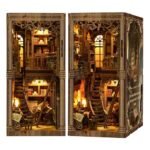nestery Book Nook Kit - Miniature House Kit for Bookshelf Decor, Wooden DIY 3D Puzzles with LED Lampline & Dust Cover, Retro Bookstore Theme Miniatures, Creative Craft Gift for Adults & Book Lover