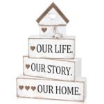 Cinnvoice Farmhouse Wooden Tabletop Decor Home Tiered Tray Decor Rustic Distressed Our Life Story Home Wood Sign Neutral Decorations for Coffee Shelf Desk Centerpiece Decoration