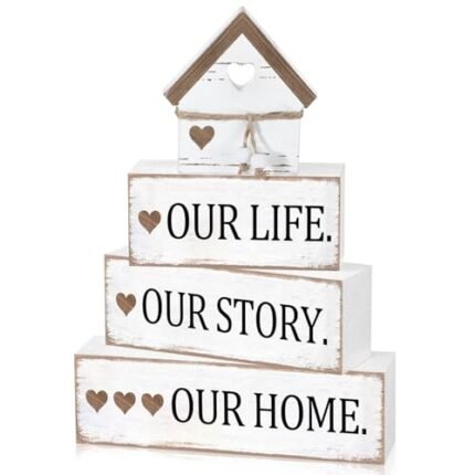 Cinnvoice Farmhouse Wooden Tabletop Decor Home Tiered Tray Decor Rustic Distressed Our Life Story Home Wood Sign Neutral Decorations for Coffee Shelf Desk Centerpiece Decoration