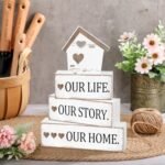 Cinnvoice Rustic Wooden Tabletop Decor - Tiered Tray Sign for Home, "Our Life Story" - Neutral Coffee Shelf Centerpiece under $70 - Image 2
