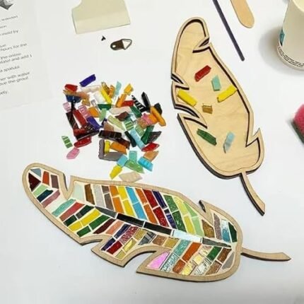 Rekeell DIY Mosaic Feather Art Kit, Wooden Base with Colorful Glass Tiles, Craft Project Set (Seven Colors)