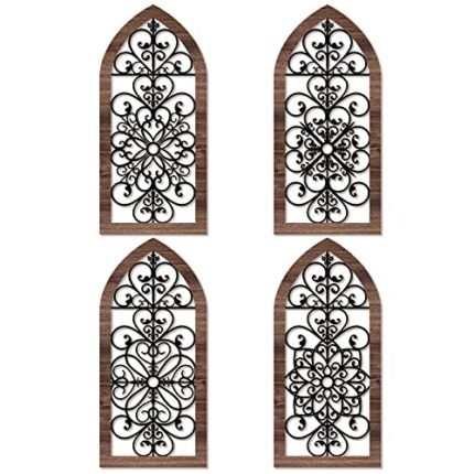 4 Pieces Thicken Rustic Wood Wall Decor Arch Modern Farmhouse Wall Art Decor Wooden Hollow Carved Design Rustic Home Art for Living Room Bedroom Office Kitchen (Classic Style)